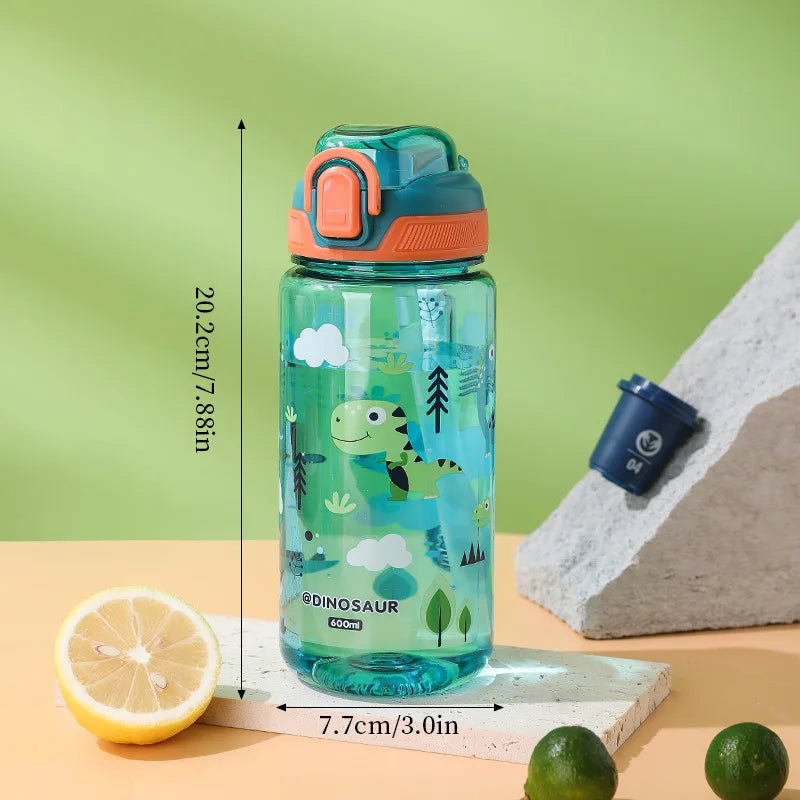 600ml Cartoon Animal Water Bottle Portable Safety Lock Cute Straw Cup Kids Leak-proof Drinking Jug For Outdoor Camping Travel