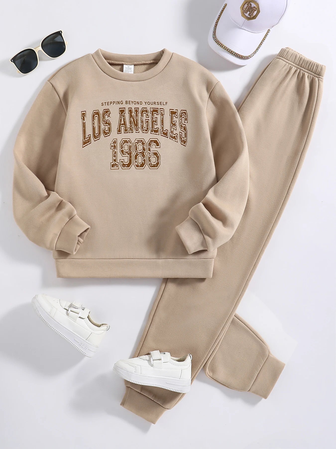 Mädchen 2-teiliges Set | Khaki, Rundhals, Langarm + Sporthose, Frühling/Herbst, 8–12 Jahre