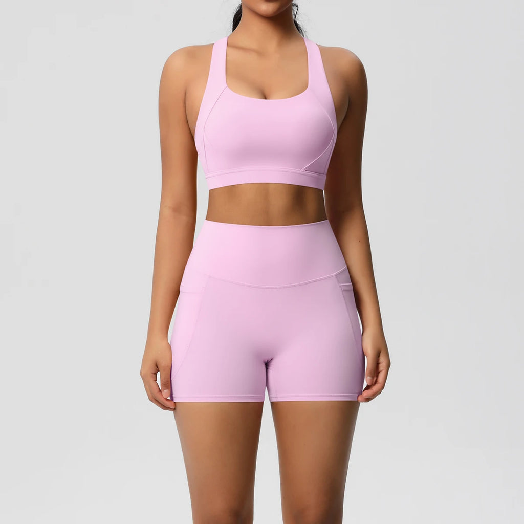 Damen Sport-Set 2-teilig mit Taschen – Crossover-BH & Leggings / Shorts für Yoga & Gym