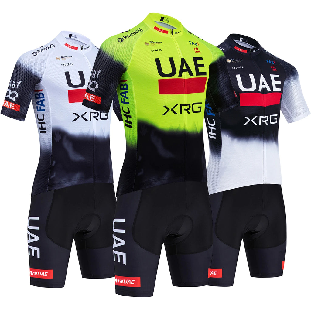 Radtrikot Set UAE Team 2025 – Fluorgelb | Kurzarm Fahrradtrikot & Radhose mit Gel-Polster | MTB & Rennrad | Gr. S–3XL