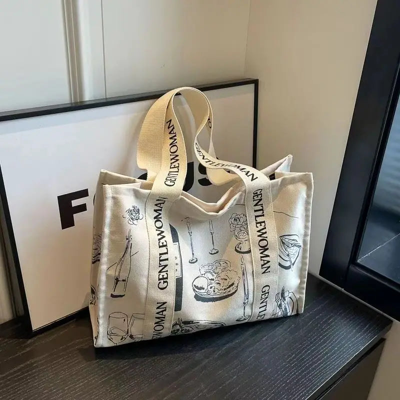Damen Canvas Shopping Bag – Letter Print, Großes Fassungsvermögen, Öko & Wiederverwendbar