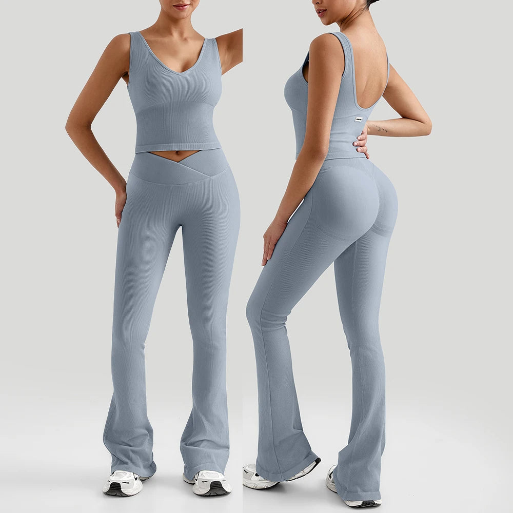 Geripptes Yoga Set Damen – Sport-BH, Weste & Schlaghose mit V-Bund | Gym Tracksuit