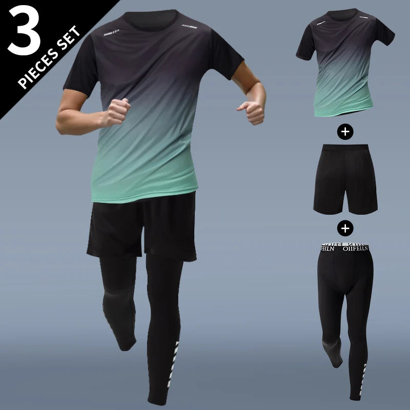3-teiliges Herren Sportset – Kurzarm, Shorts & Hose | Farbverlauf, schnelltrocknend, UV-Schutz | S–XXL