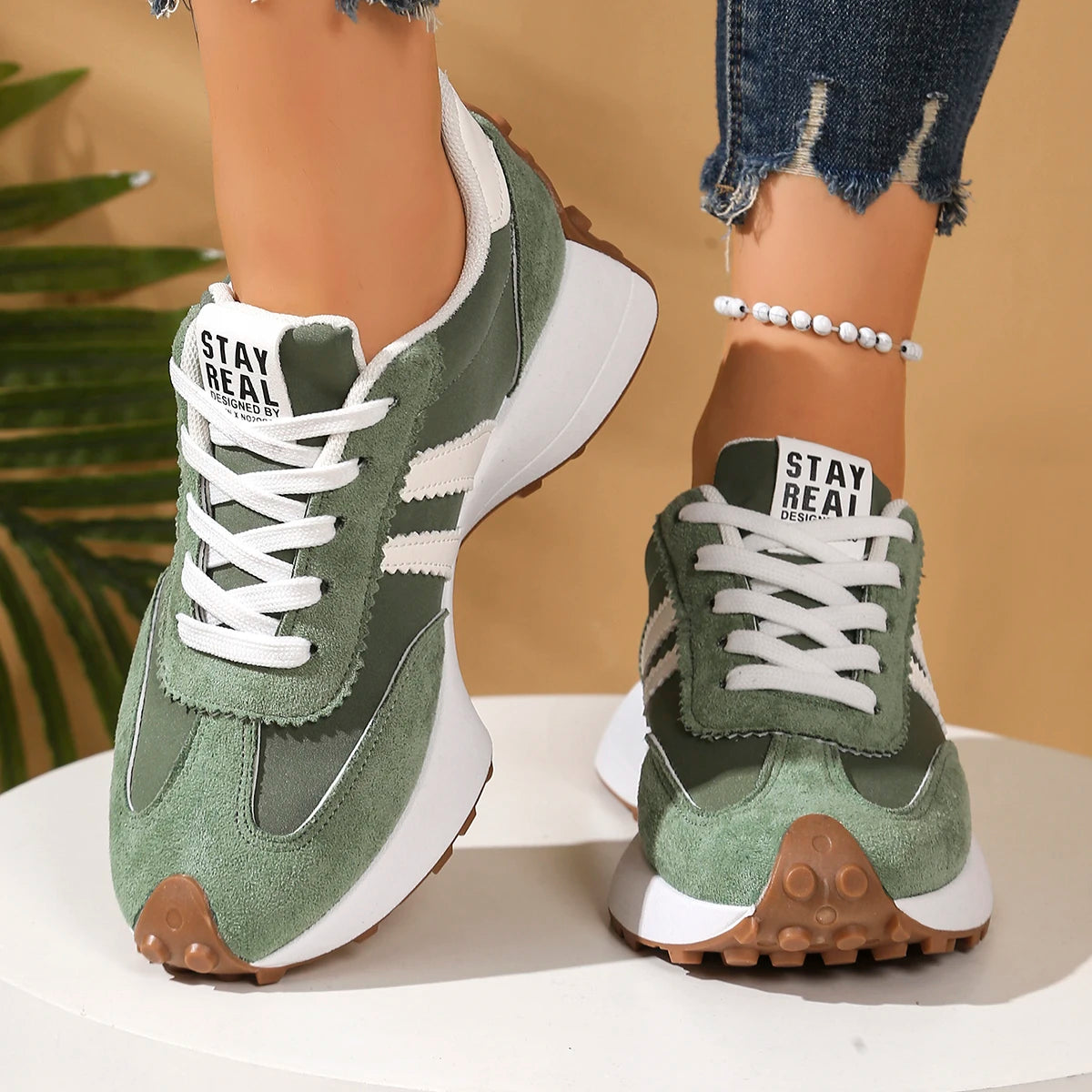 Damen Sneaker mit dicker Sohle – rutschfest, Schnürung, Frühling & Herbst