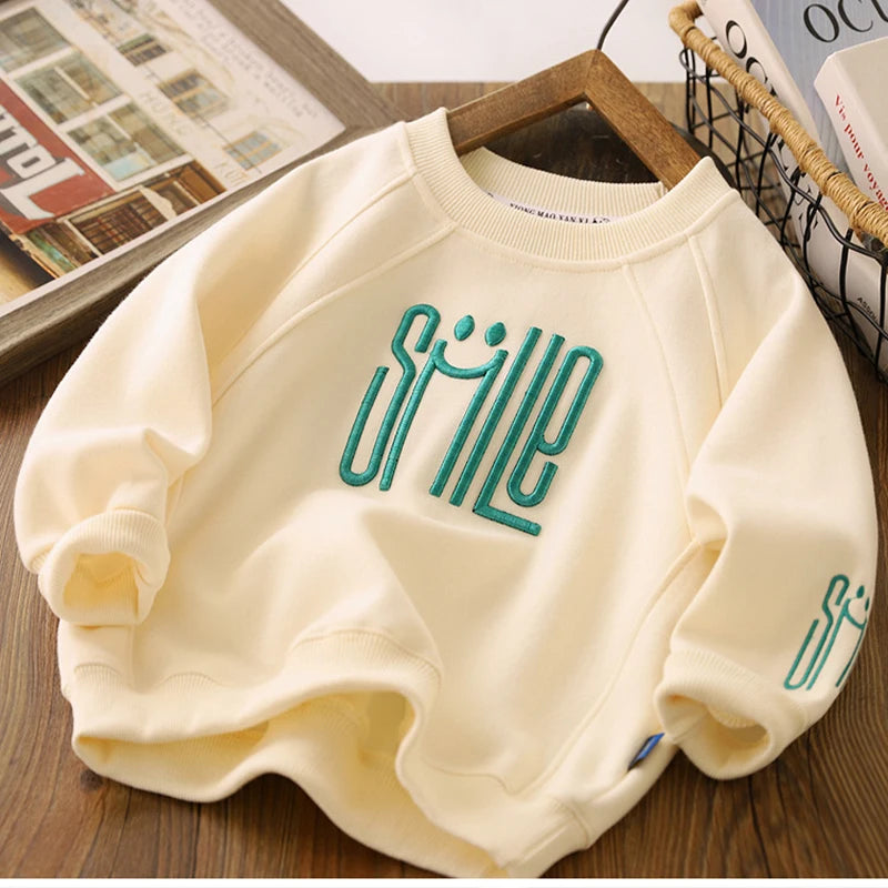 Jungen Sweatshirt – Letter & Smile Print, Langarm, Größen 3–12 Jahre