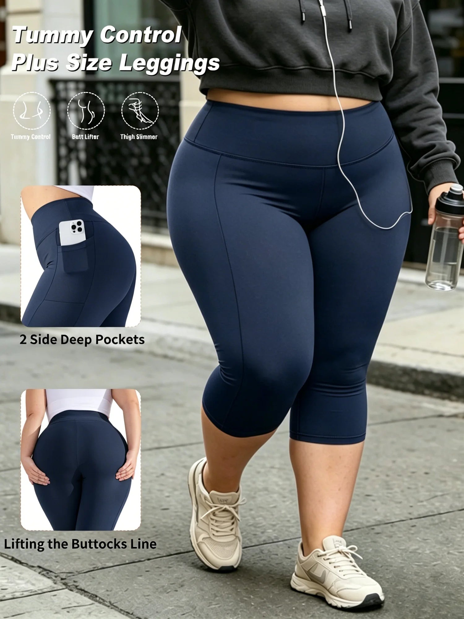 Damen Capri Leggings Plus Size – High Waist, Tummy Control, mit Taschen