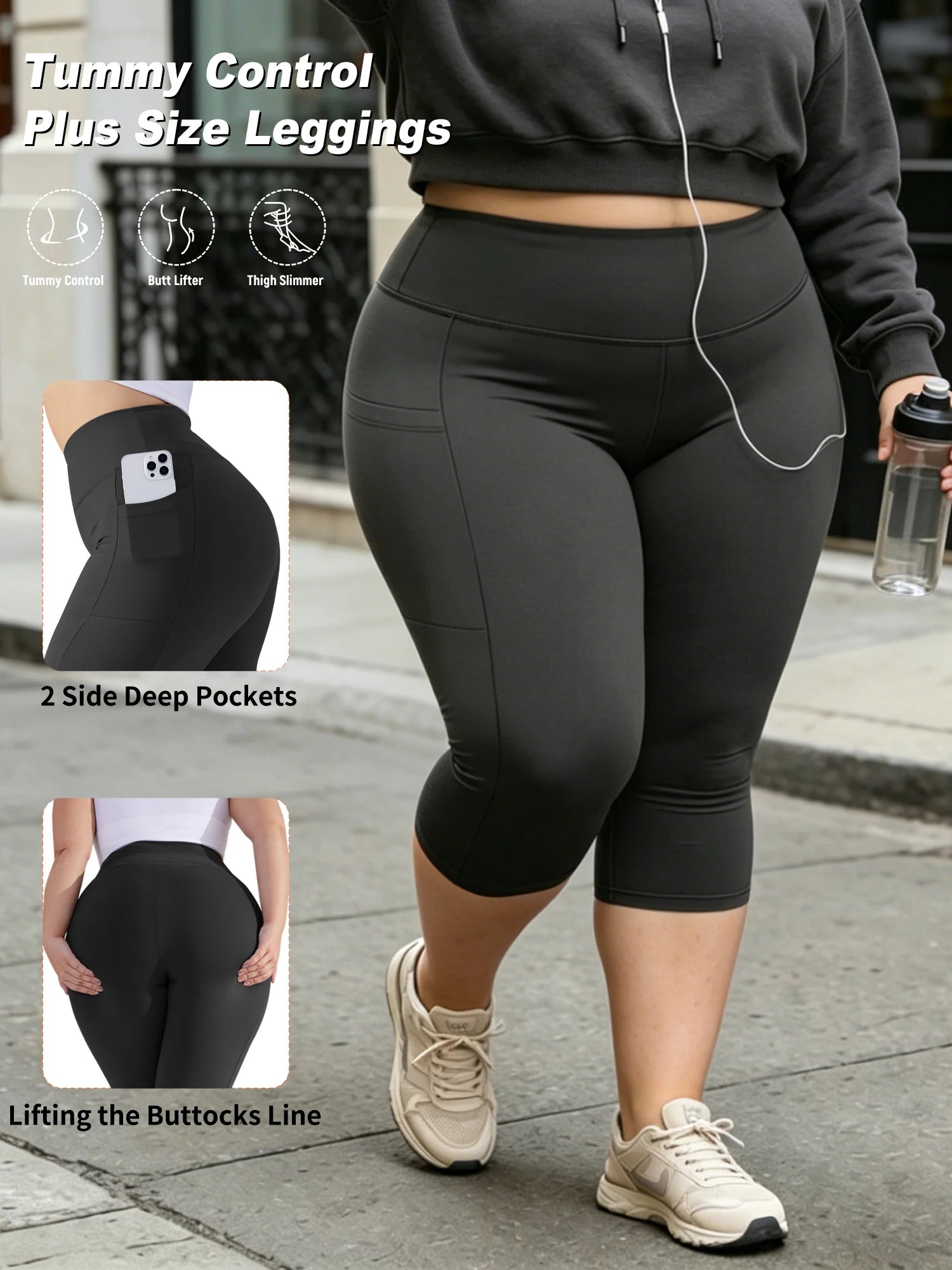 Damen Capri Leggings Plus Size – High Waist, Tummy Control, mit Taschen
