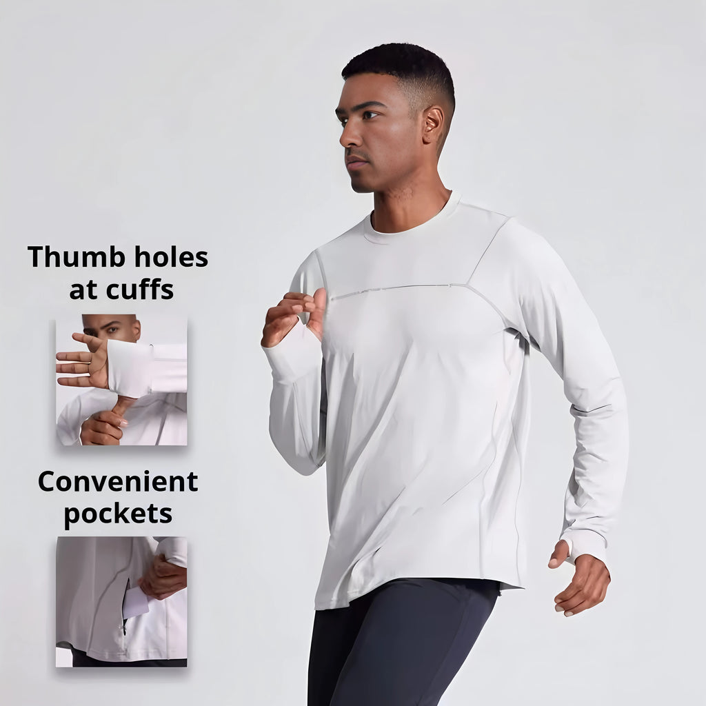 Herren Langarm Laufshirt – Schnelltrocknend, Loose Fit | Daumenloch & Tasche | Marathon, Outdoor | M–3XL (Asian Size)