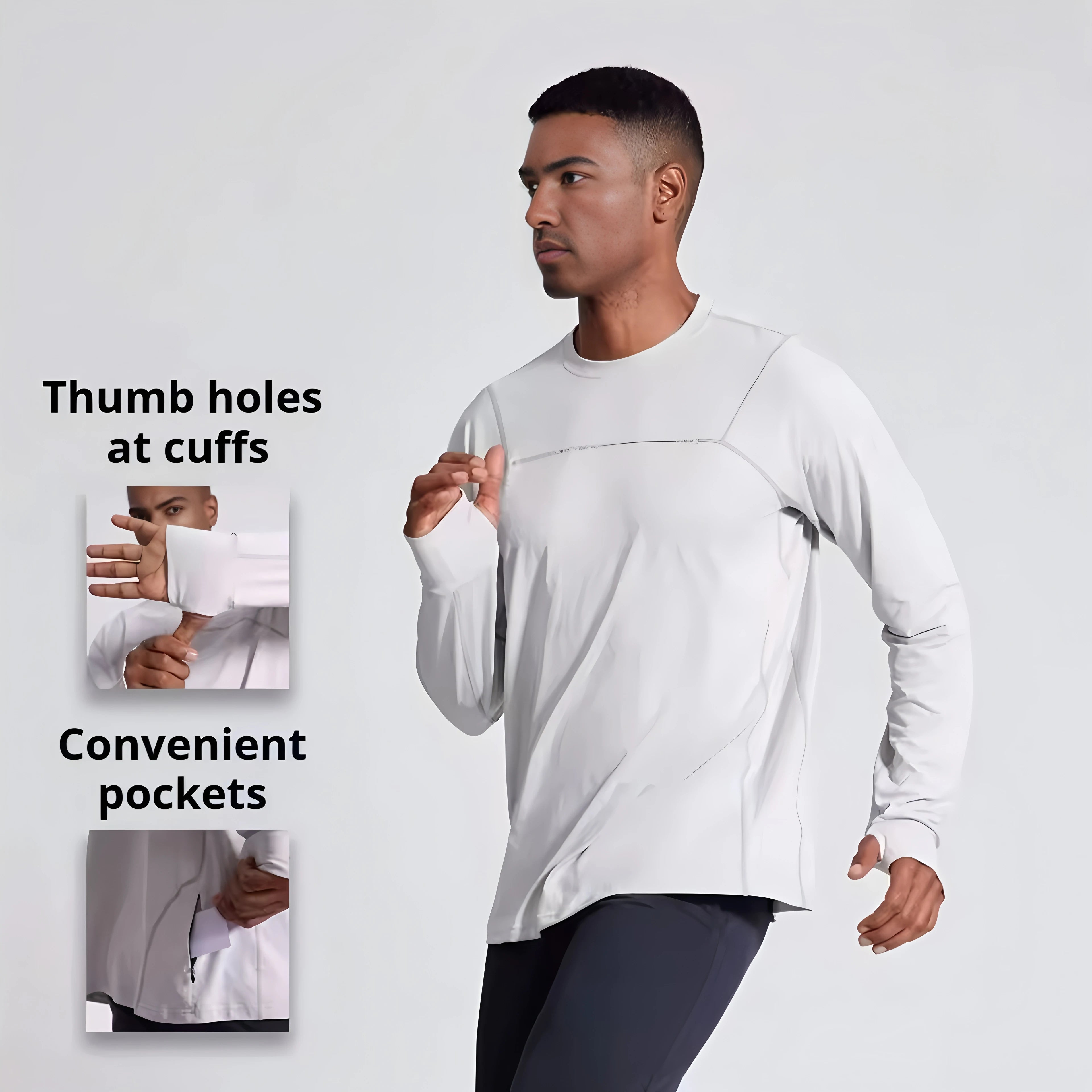 Herren Langarm Laufshirt – Schnelltrocknend, Loose Fit | Daumenloch & Tasche | Marathon, Outdoor | M–3XL (Asian Size)