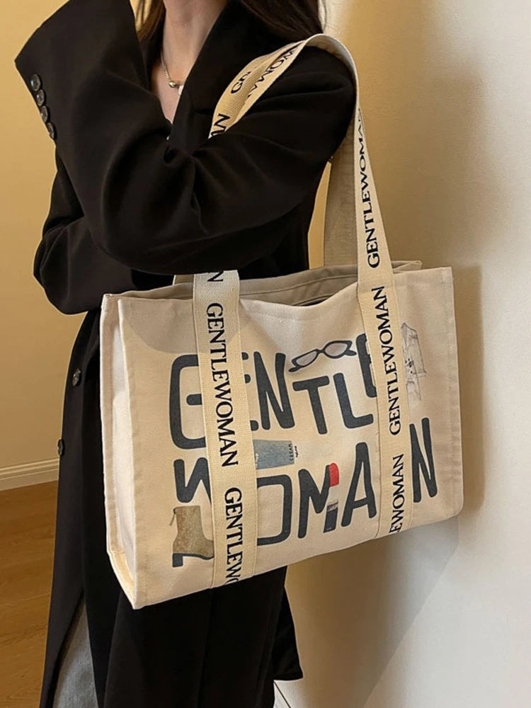 Damen Canvas Shopping Bag – Letter Print, Großes Fassungsvermögen, Öko & Wiederverwendbar